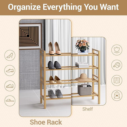 Haddockway Bamboo Shoe Rack for Closet, Free Standing Shoe Organizer with Smooth Round Rods & Convenient Handles, Stackable Shoe Storage Shelf for Entryway, Hallway(Natural, 4-Tier(Small))