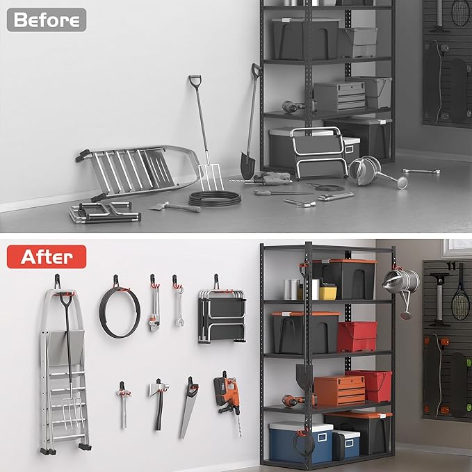 WALMANN 12 PCS Garage Storage Hooks, Wall Mount Utility Hooks for Tools, Ladders, Cords, Folding Chairs, Shovels and Rakes, Shelving Hooks for Keyhole Shelving Units