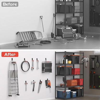 WALMANN 12 PCS Garage Storage Hooks, Wall Mount Utility Hooks for Tools, Ladders, Cords, Folding Chairs, Shovels and Rakes, Shelving Hooks for Keyhole Shelving Units