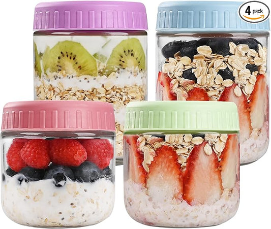 SHOWIN Overnight Oats Containers with Lids, Glass Jars with Lids 4 pcs, Candy, Wide Mouth Mason jars for Salad, Yogurt, Snacks, Meal Prep