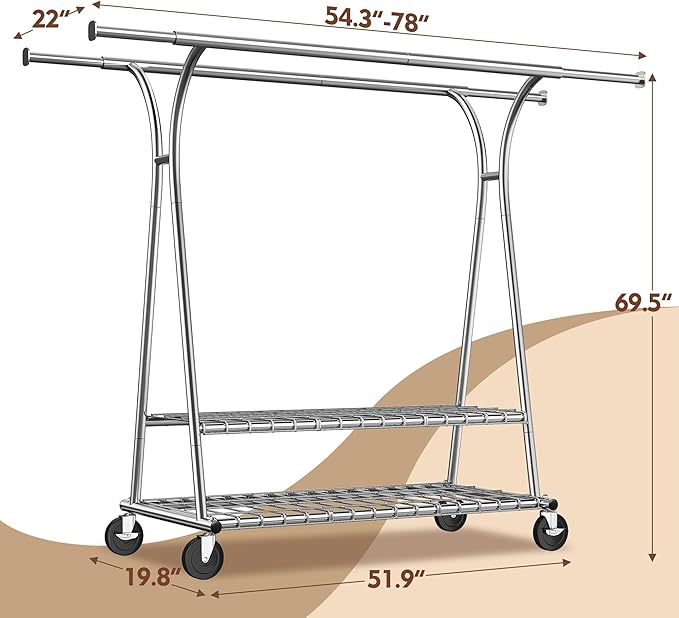 Raybee 78" W Heavy Duty Clothes Rack Loads 630 LBS, Double Rods Clothing Racks for Hanging 450+ Clothes, Clothing Rack with Wheels, Portable Commercial Garment Rack, Chrome