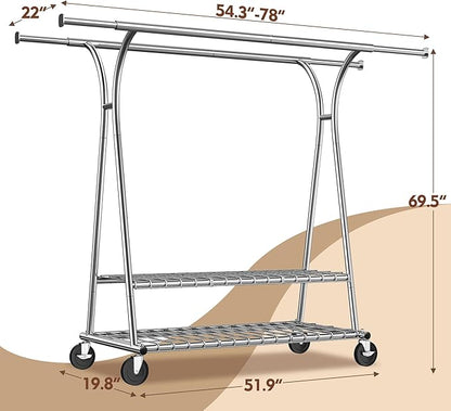 Raybee 78" W Heavy Duty Clothes Rack Loads 630 LBS, Double Rods Clothing Racks for Hanging 450+ Clothes, Clothing Rack with Wheels, Portable Commercial Garment Rack, Chrome