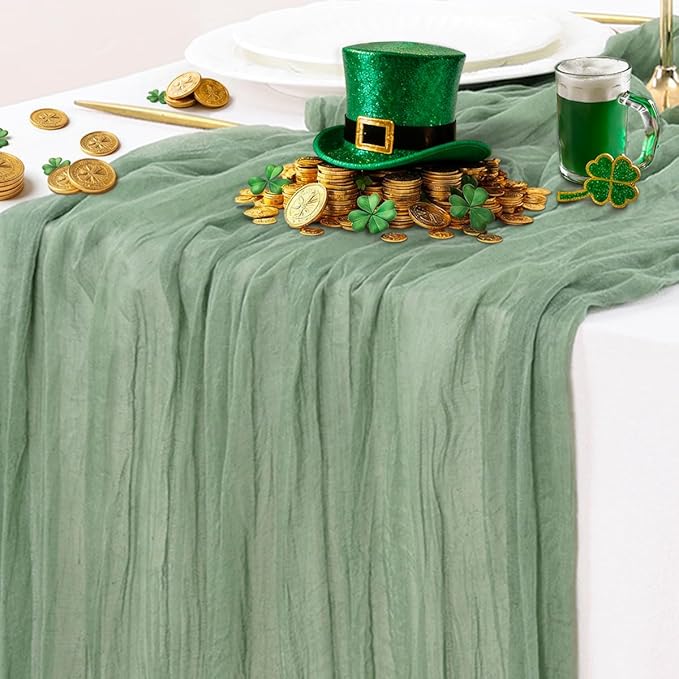 Socomi Sage Green Cheesecloth Table Runner Spring Easter Boho Rustic Farmhouse Gauze 120 inch 10FT Cheese Cloth Runner for Wedding Party Baby Shower Birthday Home Decor Holiday Decorations
