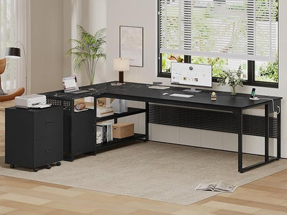 71" Executive Desk, Reversible L Shaped Desk with Mobile File Cabinet & Power Outlets, Large Office Desk with Drawers, Storage Shelves, Hooks, Corner Computer Desk for Home Office (Black)