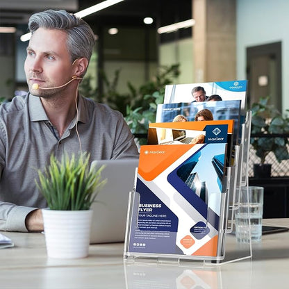 MaxGear Acrylic Brochure Holder 8.5 x 11 inch, 4 Tier Clear Literature Organizer Magazine Stand Display with Removable Divider for 4 x 9 inch Brochures, Pamphlet, Wall Mount or Countertop, 4 Pack