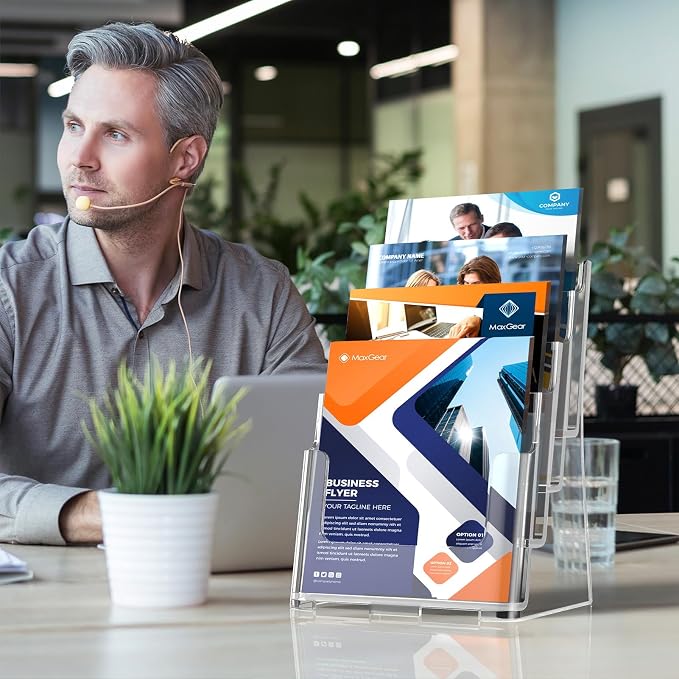 MaxGear Acrylic Brochure Holder 8.5 x 11 inch, 4 Tier Clear Literature Organizer Magazine Stand Display with Removable Divider for 4 x 9 inch Brochures, Pamphlet, Wall Mount or Countertop, 2 Pack