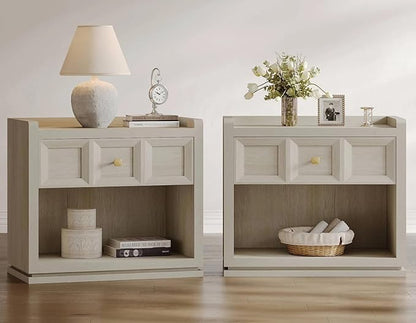 SICOTAS Night Stand Set 2, 26" Wide Nightstands with Drawer, Large Queen Size Nightstands Set of 2, Modern Bedside Table for Bedroom, Side End Table, Grey White Oak