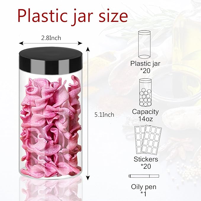 Hajoyful Plastic Jars with Lids 20Pcs 14 oz Clear Plastic Slime Storage Jars Containers with Airtight Leak Proof Black Plastic Screw On Lids Cylinder Clear Round Jar Food Grade Durable PET Jar