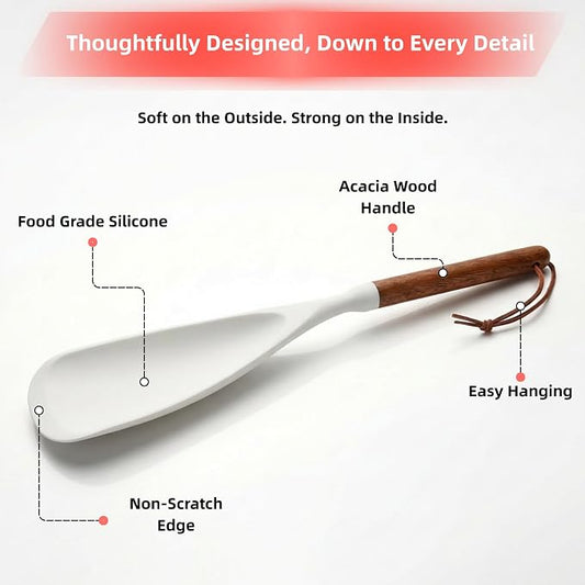 2-Pack Silicone Spoonula with Wooden Handle, BPA-Free Spatula Spoon for Nonstick Cookware, Heat Resistant Cooking Spoon for Mixing, Scraping, Scooping and Serving(White)
