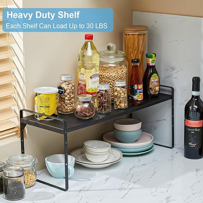15.5 to 25.5 Inch Kitchen Cabinet Shelf Organizers, Adjustable Kitchen Counter Shelf Organizer, Set of 3 Expandable Countertop Storage Shelves, Stackable Design, 30LBS Heavy Duty, Space Saver