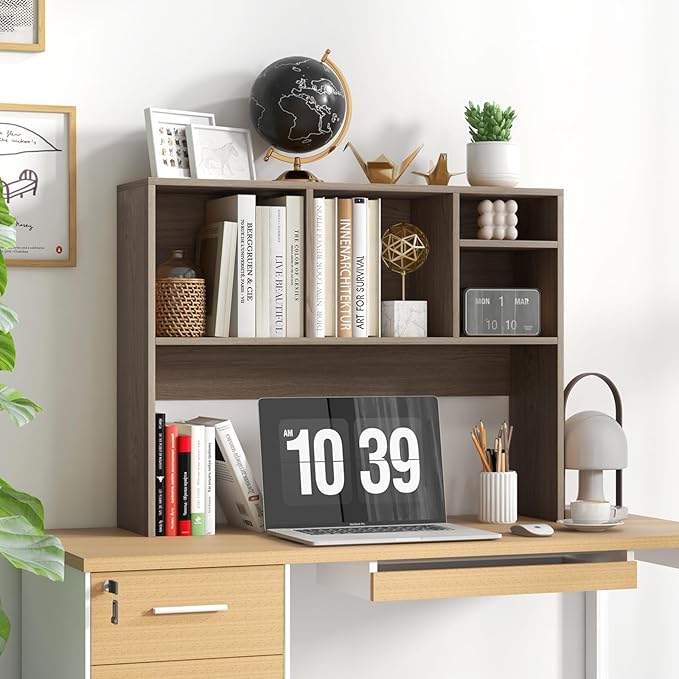 Desk Hutch, Desktop Shelf with 4 Shelves, Desk Bookshelf w/Anti-Toppling Devices, Wood Table Top Bookshelf Organizer, Small Desk Shelf for Study, Office, Dorm (Grey, 4 Shelves)