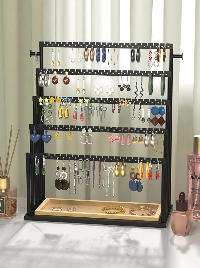 Earring Holder Organizer, 5-Tier Step Jewelry Display Stand with Metal Frame and Wooden Storage Organizer, Large Earring Holder for Studs, Hoops, Dangles, Modern Jewelry Organizer for Women