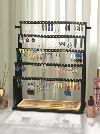 Earring Holder Organizer, 5-Tier Step Jewelry Display Stand with Metal Frame and Wooden Storage Organizer, Large Earring Holder for Studs, Hoops, Dangles, Modern Jewelry Organizer for Women