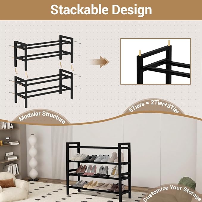 Haddockway Bamboo Shoe Rack for Closet, Free Standing Shoe Organizer with Smooth Round Rods & Convenient Handles, Stackable Shoe Storage Shelf for Entryway, Hallway(Black, 4-Tier)