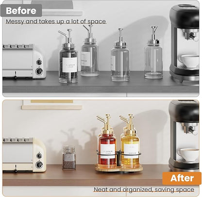 THYGIFTREE Rotating Coffee Syrup Organizer 4 Bottles Syrup Rack Dispenser16.9oz for Countertop Wood Bottle Holder Stand for Coffee Bar Station