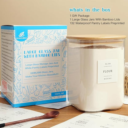 Large glass flour and sugar containers with 132 Kitchen Pantry Labels - 110 oz Glass Food Storage Containers with Airtight Lids - Square Glass Jars with Bamboo Lids for Rice, Pasta, Cookies, grain