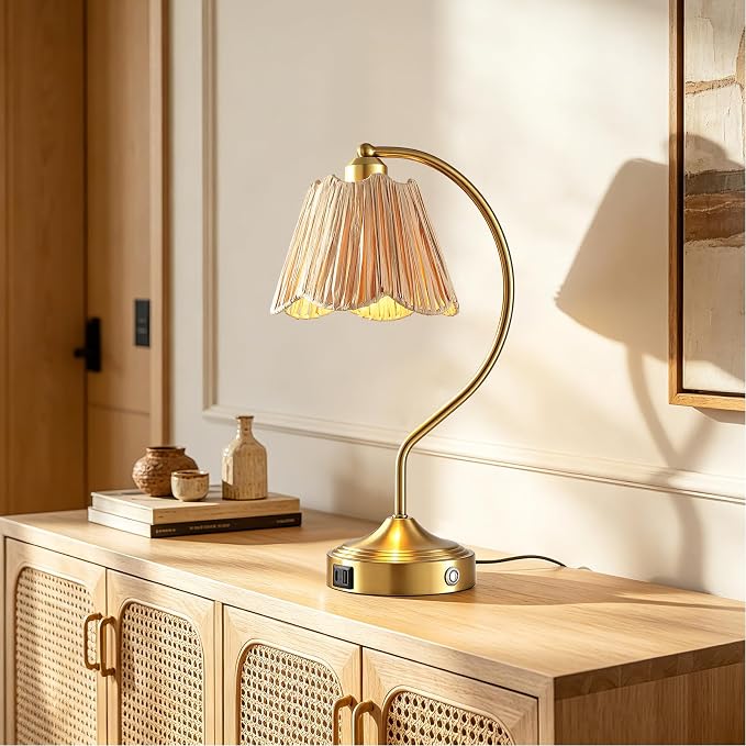 Boho Rattan Touch Small Table Lamps USB C+A Ports | Retro Rattan Shade, 3-Way Dimmable Farmhouse Lamp for Bedroom Living Room Entryway Office, LED Bulbs Included