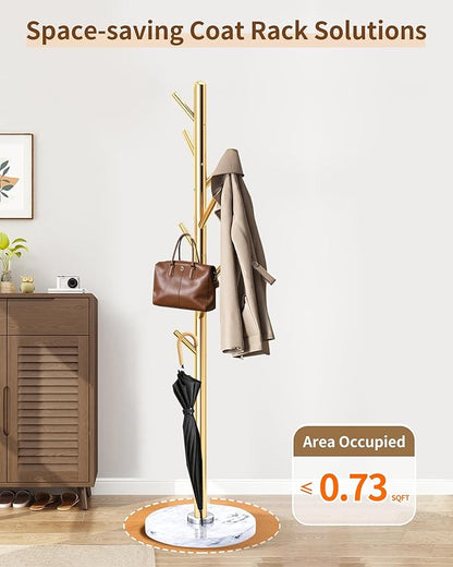 EZIVIEZ Modern Coat Rack Stand, Metal Freestanding Coat Rack with Natural Marble Base, Golden Coat Racks with 8 Hooks and Coat Hanger Tree Jacket Stand for Office, Entryway, Hallway