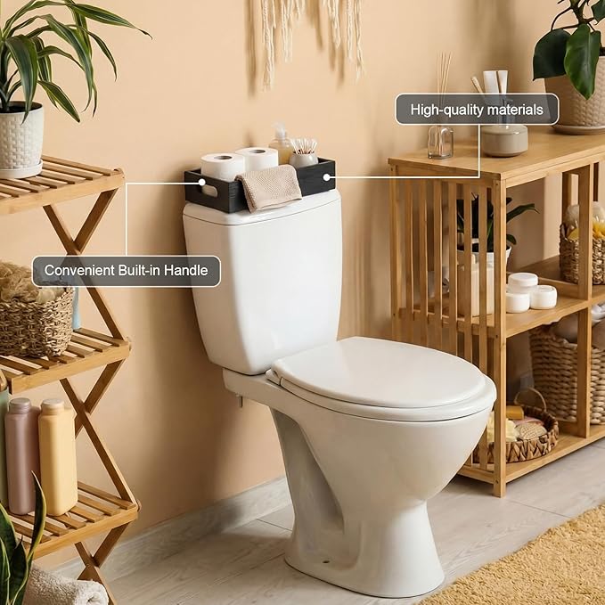 2 Pcs Bathroom Basket Wooden Toilet Tank Paper Basket with Handle Black Bathroom Decor Box Back of Toilet Storage Organizer for Bedroom Vanity Kitchen Countertop Dresser Shelf Decor