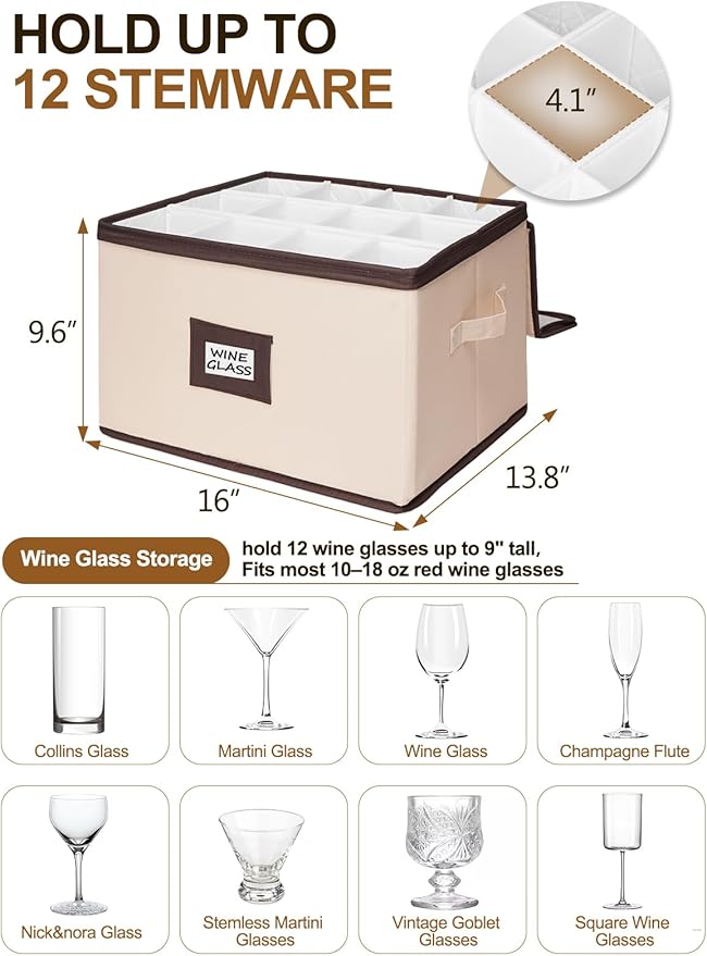 punemi Wine Glass Storage Box, Stemware Storage Case with 12 Padded Dividers, Hard Shell Support & Dustproof Lid, Stackable Glassware Containers for Wine Glasses, Goblets, Beige, 2 Pack