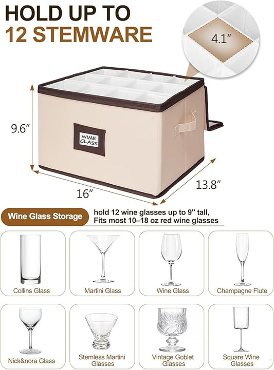 punemi Wine Glass Storage Box, Stemware Storage Case with 12 Padded Dividers, Hard Shell Support & Dustproof Lid, Stackable Glassware Containers for Wine Glasses, Goblets, Beige, 2 Pack