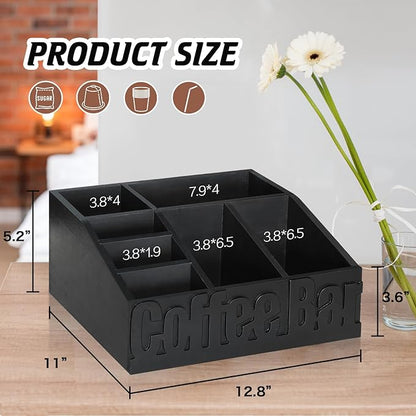Coffee Bar Organizer for Accessories, Wood Station for Countertop, Farmhouse Pod Syrup Holder, Condiment Organizer for Decor (Black)