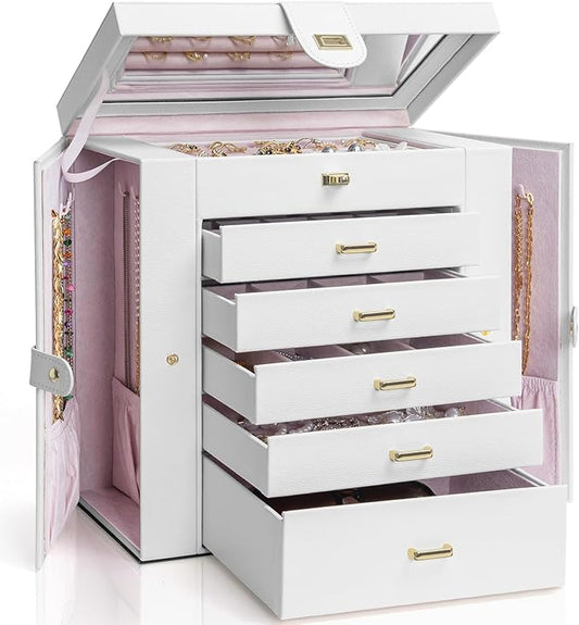 AKOZLIN 6-Tier Jewelry Box Organizer Functional 5 Drawers Leather Jewelry Storage Case for Women Girls Ring Necklace Earring Bracelet Holder Organizer with Mirror Extra Large White