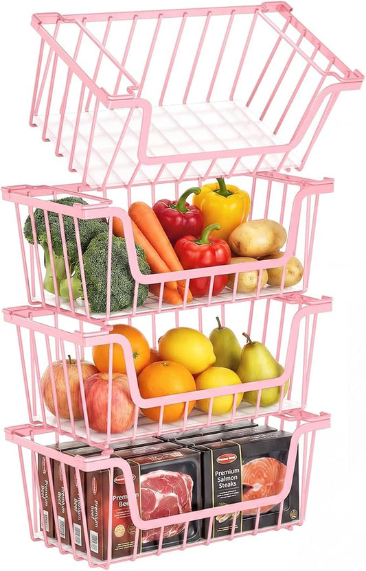 SUNALLY Stackable Storage Bins 4 Pcs Wire Baskets for Pantry Organizers and Storage, Vegetable Fruit Storage Basket for Countertop Organizer,Kitchen Baskets for Onion Potato Snack Cans Storage,Pink