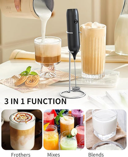 CIRCLE JOY Rechargeable Milk Frother Handheld with Stand, Double Coil Whisk Coffee Frother Wand Drink Mixer for Coffee, Cappuccino, Lattes, Frappe, Matcha and Hot Chocolate, Black