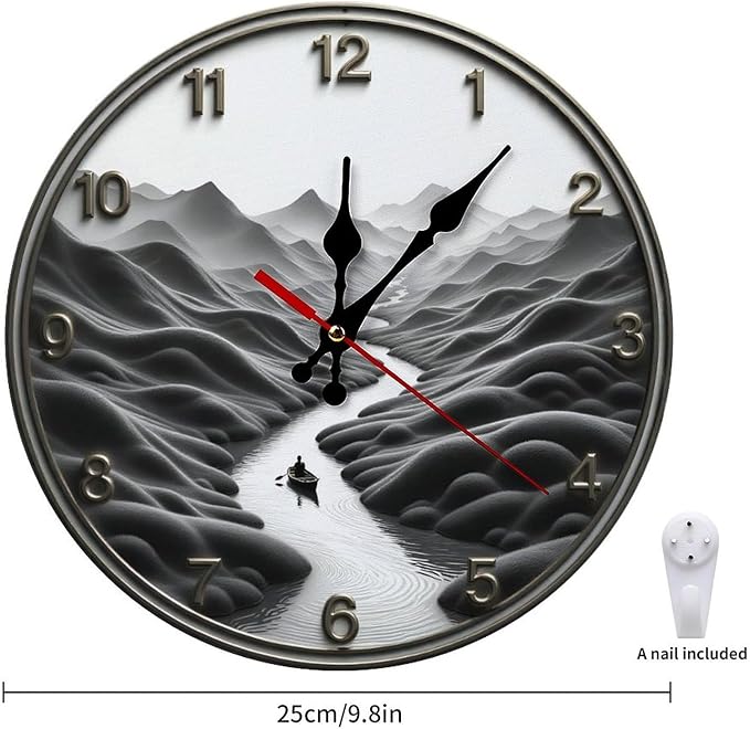 Wall Clock， Serene Landscape Non Ticking Wall Clocks Battery Operated， Grey Wooden Wall Clocks for Kitchen， Living Room， Bedroom， Office， Bathroom Decorative 25 * 25cm