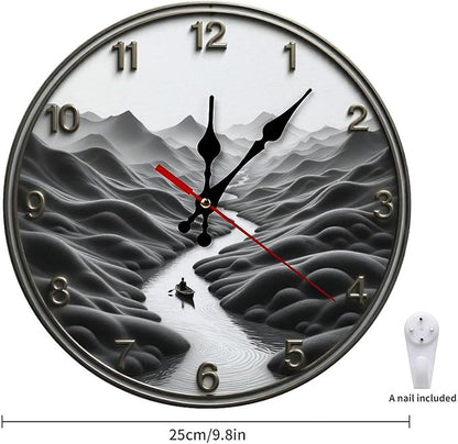 Wall Clock， Serene Landscape Non Ticking Wall Clocks Battery Operated， Grey Wooden Wall Clocks for Kitchen， Living Room， Bedroom， Office， Bathroom Decorative 25 * 25cm