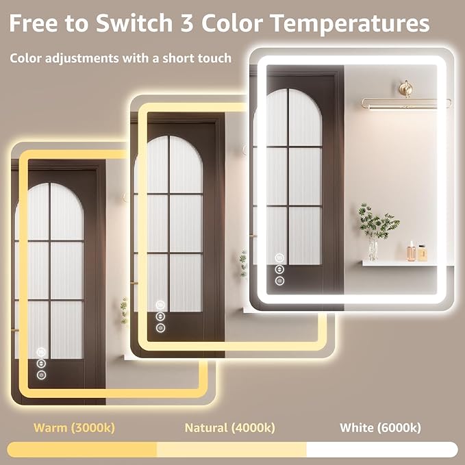 Led Bathroom Mirror with Lights, Anti-Fog & Tri-Color Lighting - Wall Mounted Shaving Mirror with Touch Sensor, Waterproof Smart LED Vanity Mirror Tempered Glass Dimmable 60" x 40"