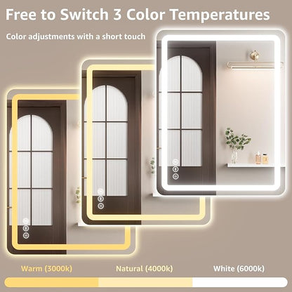 55" x 36" Led Bathroom Mirror with Lights, Anti-Fog & Tri-Color Lighting - Wall Mounted Shaving Mirror with Touch Sensor, Waterproof & Smart LED Vanity Mirror,Tempered Glass, Dimmable Smart Mirror