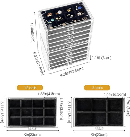 ProCase Earring Holder Organizer Jewelry Box with 10 Drawers, Acrylic Clear Earring Case with Adjustable Velvet Trays for Women - Black,10 Layers
