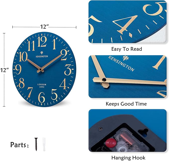 NIKKY HOME Navy Blue Wooden Wall Clock 12 Inch - Battery Operated Silent Non Ticking Clock Decor for Kitchen, Living Room, Bathroom, Office