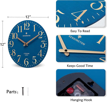 NIKKY HOME Navy Blue Wooden Wall Clock 12 Inch - Battery Operated Silent Non Ticking Clock Decor for Kitchen, Living Room, Bathroom, Office