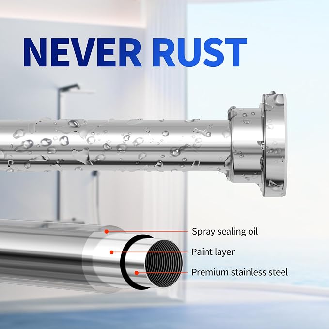 Mcrbeay Shower Curtain Rod, 1" Diameter Heavy Duty Tension Shower Rod, Non Slip Adjustable 28-102 inch No Drilling Shower Curtain Rods Spring Tension For Bathroom, Shower Stall, No Rust, Silver