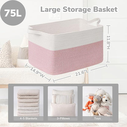 Goodpick Large Woven Blanket Basket 21.6" x 14.9" x 11.8" Storage Baskets for Organizing, Baby Laundry Hamper for Nursery Bedroom, Soft Toy Storage Baskets for Kids Girls, White & Pink
