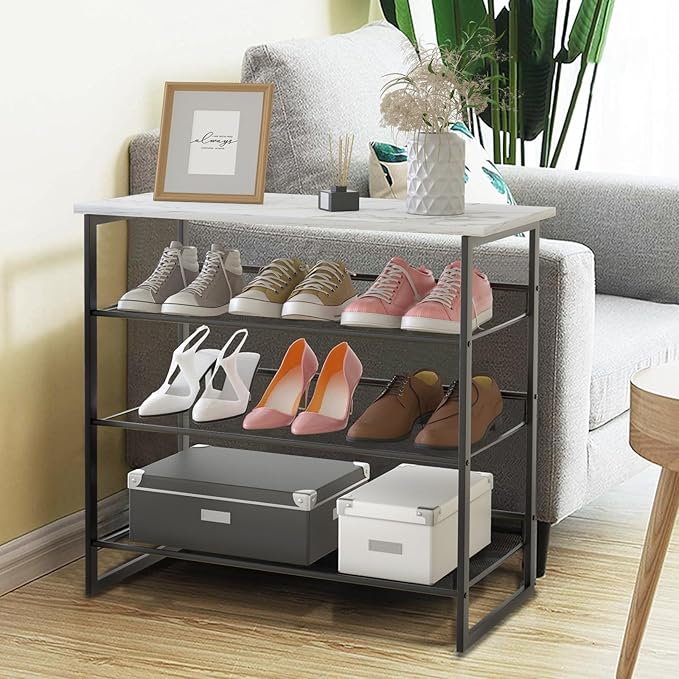 Garden 4 you 4 Tiers White Marble Shoe Rack,Freestanding Organizer Multi-Purpose Adjustable Flat and Slant Storage Rack Shoe Shelf, High Heels Potted Plant for Entryway Hallway Living Room Closet