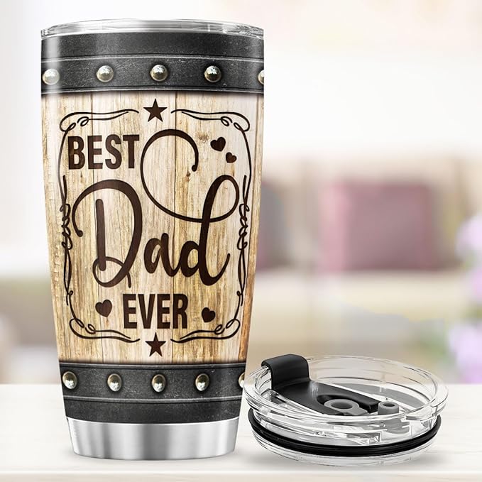 Best Dad Ever Gift Tumbler, Rustic Wood Pattern 20oz Stainless Steel Travel Mug, Insulated Vacuum Cup for Father, Birthday, Christmas, Father's Day Present