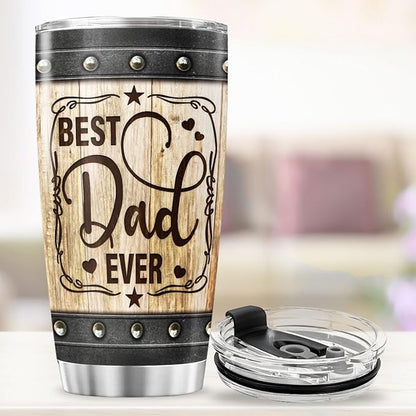 Best Dad Ever Gift Tumbler, Rustic Wood Pattern 20oz Stainless Steel Travel Mug, Insulated Vacuum Cup for Father, Birthday, Christmas, Father's Day Present