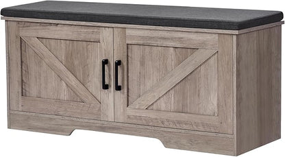 2-Tier Storage Bench, 39.4" Wide Shoe Bench with Padded Seat Cushion, Entryway Bench with 2 Barn Doors and Adjustable Shelf, Greige