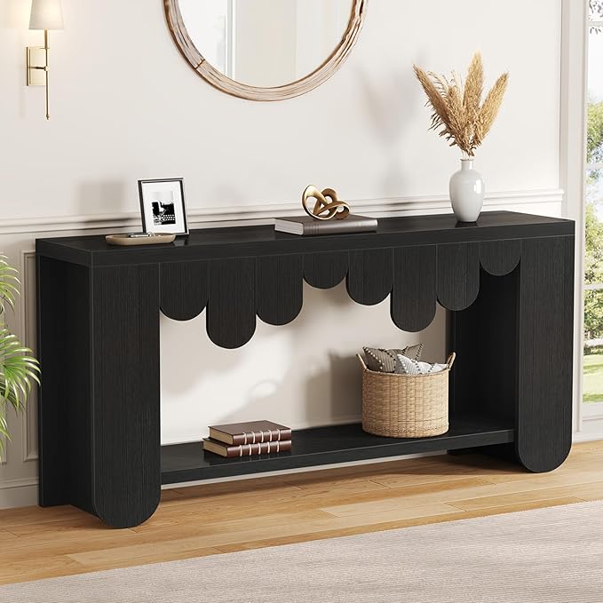 IBF Black Console Table, 63” Long Wood Entryway Table with Storage, 2-Tier Modern Sofa Table Behind Couch for Home Living Room, Rectangular Entry Table for Hallway Entrance Foyer Front Door, Black Oak