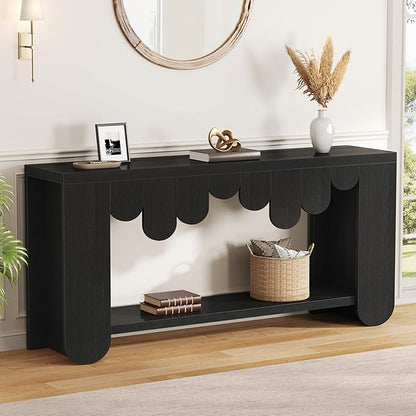 IBF Black Console Table, 63” Long Wood Entryway Table with Storage, 2-Tier Modern Sofa Table Behind Couch for Home Living Room, Rectangular Entry Table for Hallway Entrance Foyer Front Door, Black Oak