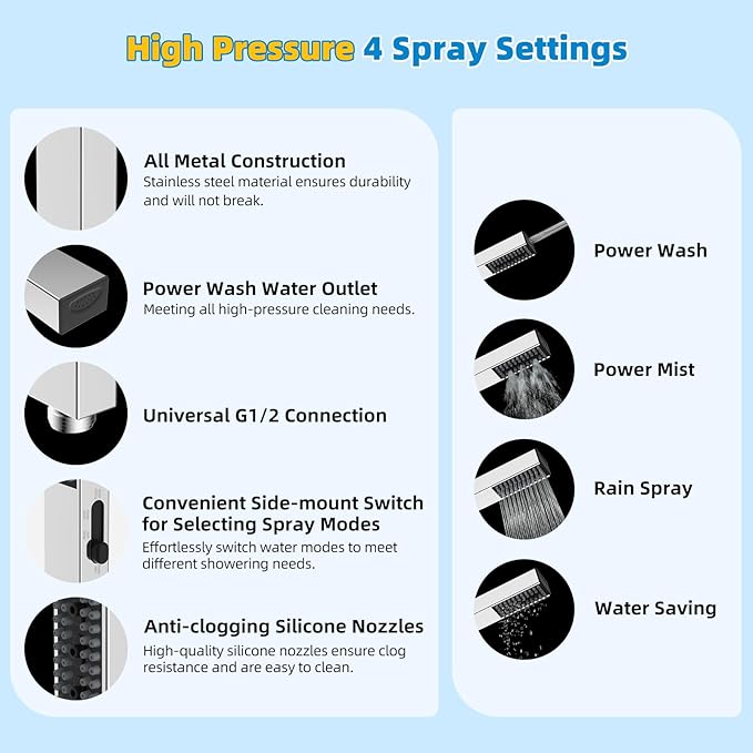 Hibbent All Metal cUPC Certified Shower Head, 8'' High Pressure Rainfall Shower Head, Showerhead Combo, Handheld Shower Wand, 12'' Adjustable Extension Arm, 4-Spray, 71'' Hose, Shower Holder, Chrome
