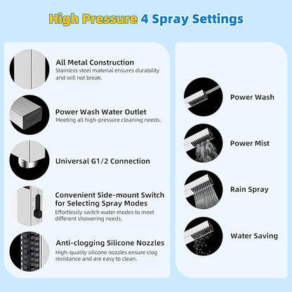 Hibbent All Metal cUPC Certified Shower Head, 12'' High Pressure Rainfall Shower Head, Showerhead Combo, Handheld Shower Wand, 12'' Adjustable Extension Arm, 4-Spray, 71'' Hose, Shower Holder, Chrome
