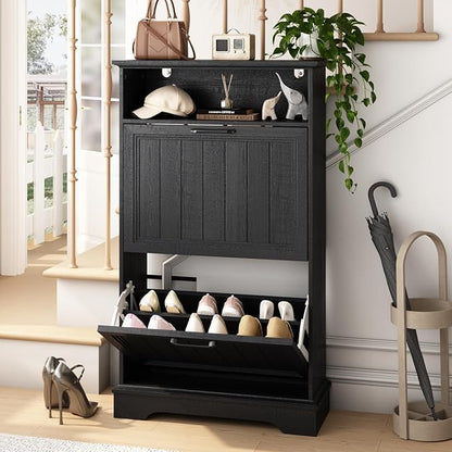 Shoe Storage Cabinet with 2 Flip Drawers, 24" W Farmhouse Modern Hidden Shoes Rack Cabinet with Adjustable Shelves & Open Storage, Narrow Slim Shoe Organizer for Front Door Entrance, Entryway, Black
