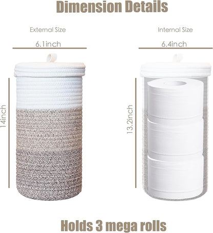 Toilet Paper Holder Handmade – Woven Cotton Toilet Paper Stand & Storage Basket with Lid, Freestanding Organizer for Bathroom, Fits 3 Mega Rolls Gradient Brown 14'' x 7''