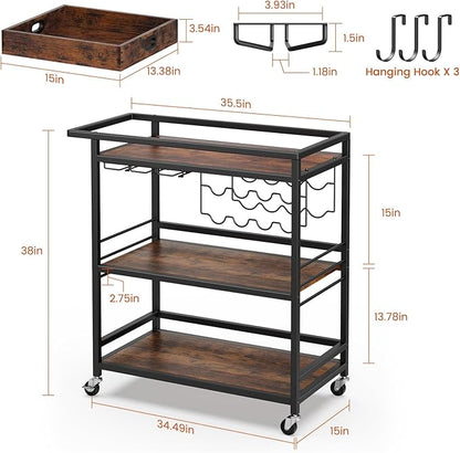 Leteuke Bar Cart for Home, 3 Tier Black Serving Rolling Carts with Wheels, Drink Cart, Liquor Stand with Removable Tray, Wine Rack and Glass Holder for Kitchen, Outdoor, Dining Room-Black Brown
