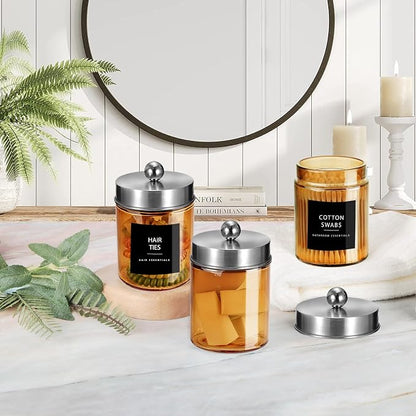 3 Pack Apothecary Jar Canisters Bathroom Vanity Organizer - Qtip Holder Storage Organizer Set Countertop Canister with Stainless Steel Lids &Cute Stickers for Qtips,Cotton Swabs,Makeup Sponges,Floss
